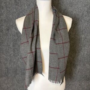 Vintage John Wanamaker Gray Burgundy Windowpane Wool Scarf 15x50 Fringed